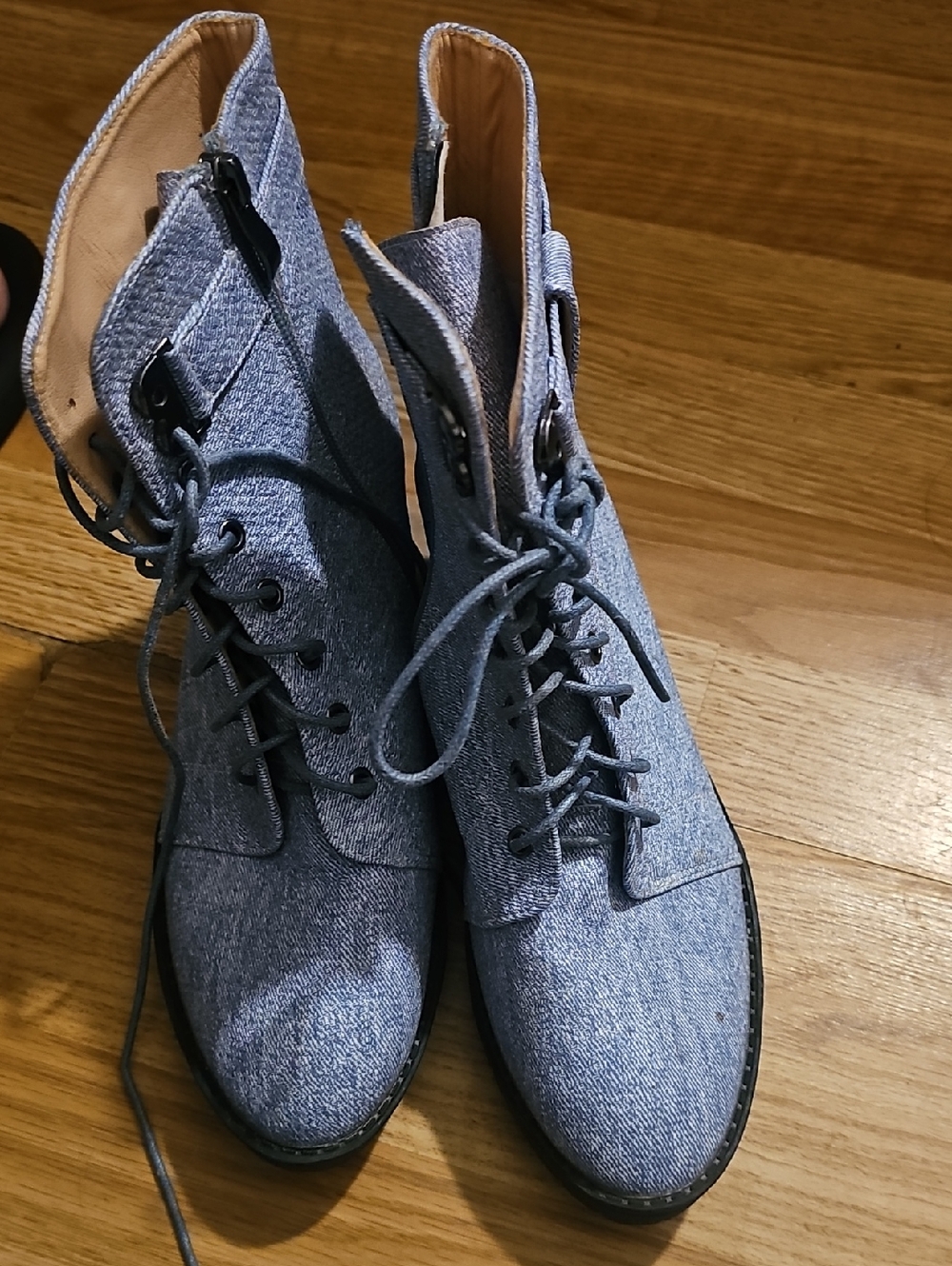 Lace-Up Women's Denim Ankle Boots - Blue